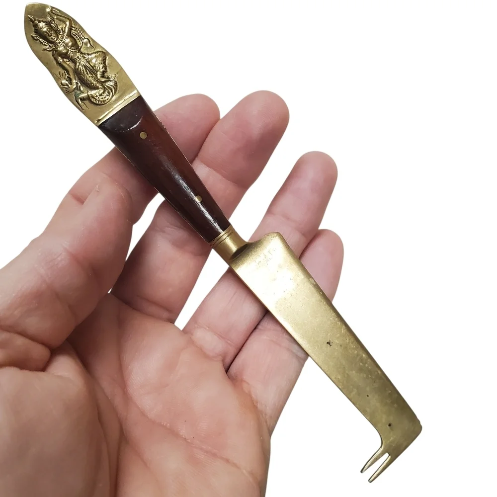 Vintage Siam Thailand Sitting Buddha Bronze & Wood Handle Cheese Knife/Pick